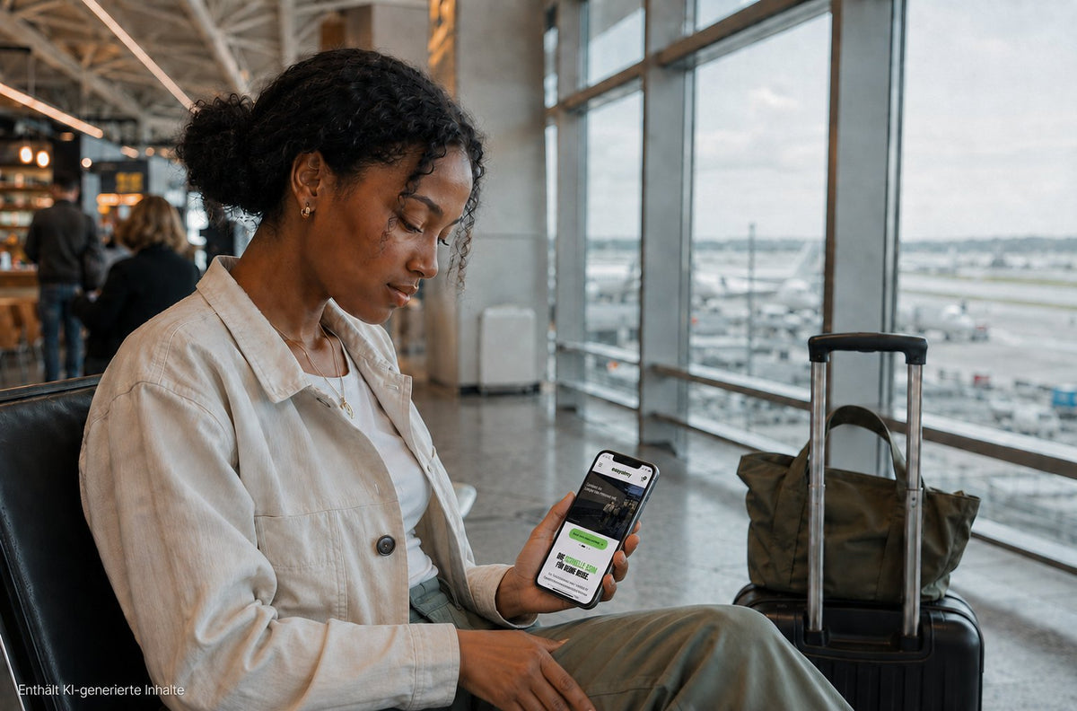 Traveller waiting relaxed at the airport gate with his phone