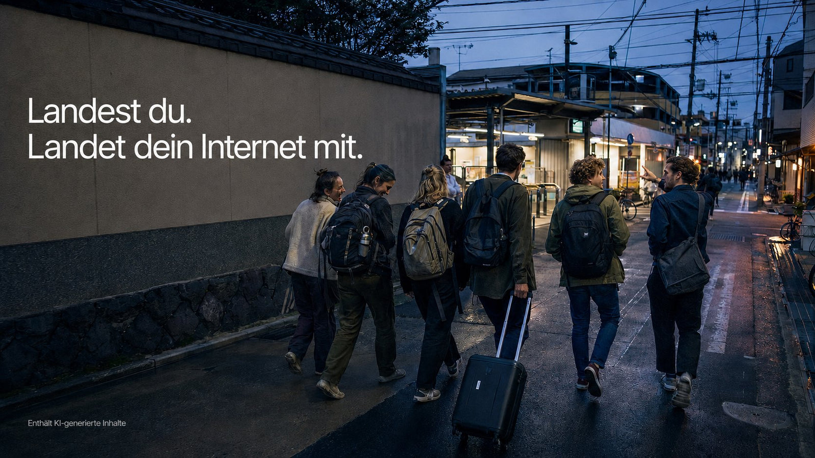 Group of travellers arriving in Japan at dusk – when you land, your internet lands with you