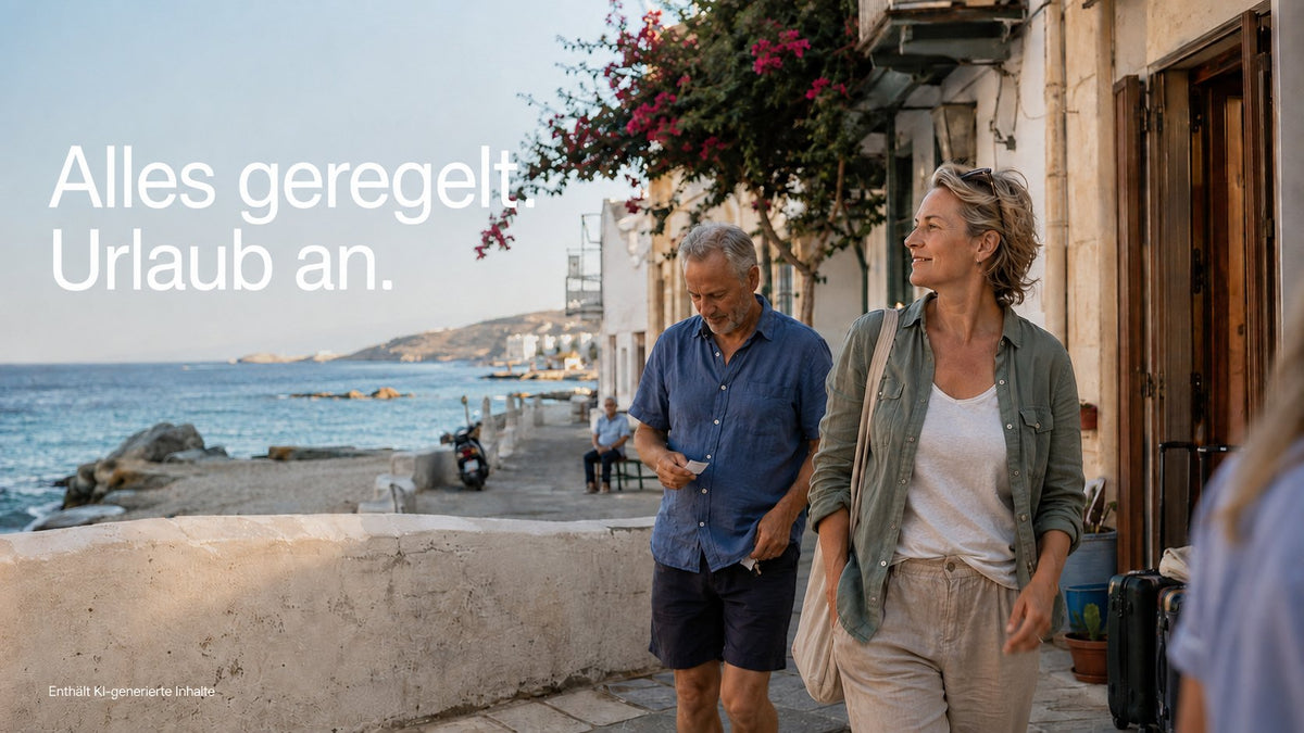 Everything sorted, holiday on – a couple strolling relaxed through a seaside village