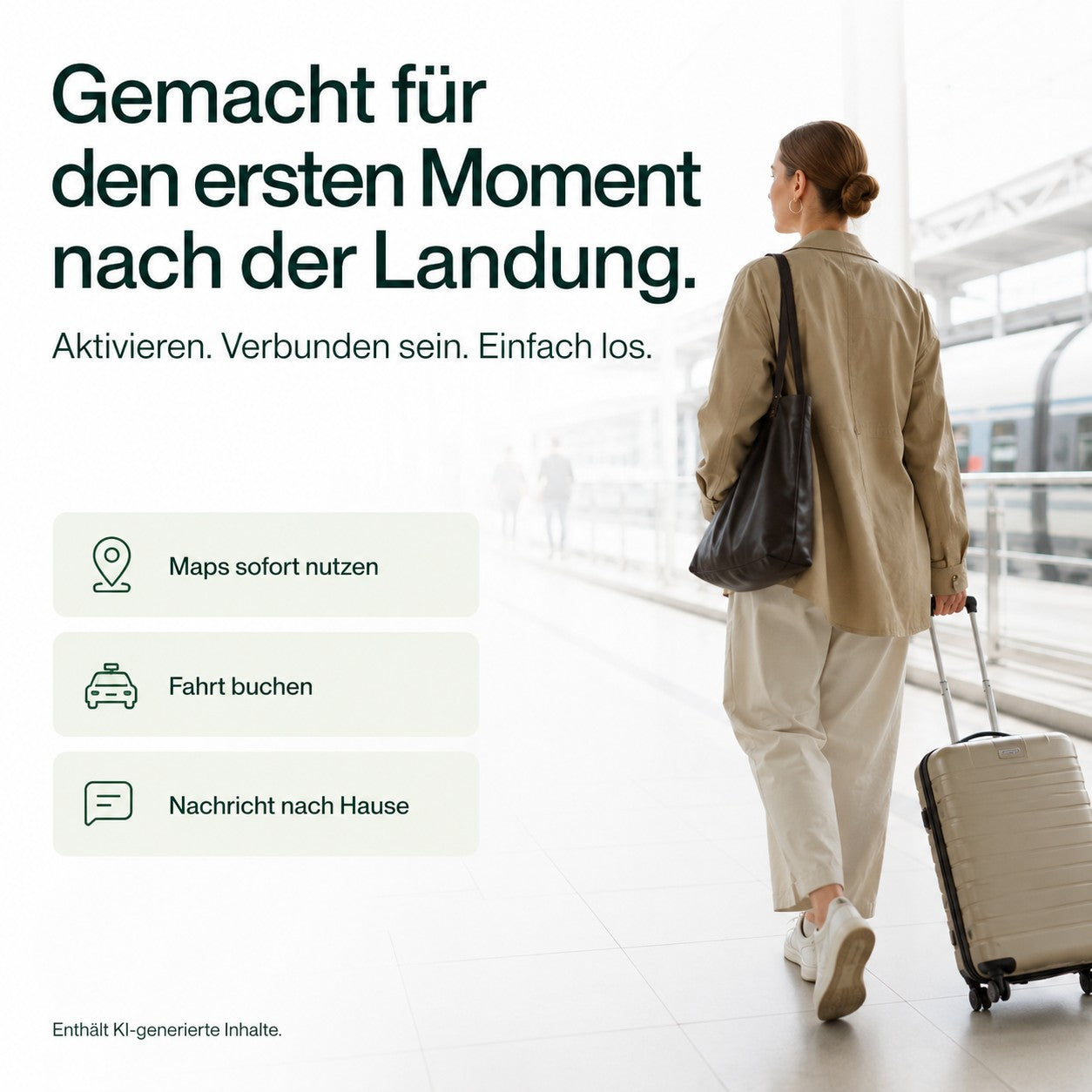 Reisende mit Koffer am Flughafen direkt nach der Landung, Handy in der Hand